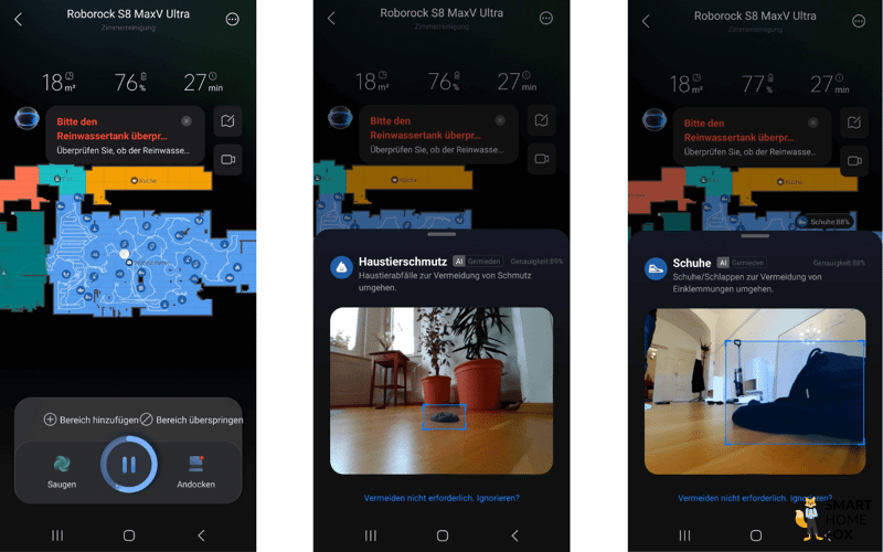 Die erkannten Hindernisse des Roborock S8 MaxV Ultra sind in der App zu sehen.